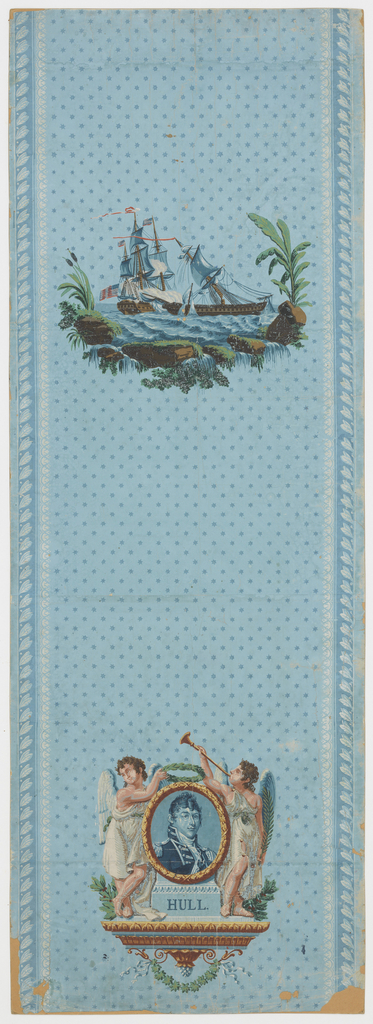 Image features a blue wallpaper with alternating images of a naval battle and a portrait of Commodore Isaac Hull. Please scroll down to read the blog post about this object.