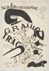 A page of a book. Text: scrAbrrRrraanng. Futurista. Trac. Graaaag. (nonesense words rendered in a way that looks like explosion).