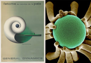 Diptych. Left: A poster shows a submarine jetting out from a white seashell. Text reads: "General Dynamics / Hydrodynamics." Right: A microscopic image. Grey tubes clutch a glowing greenish orb.