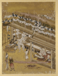 Print showing the several figures working to dye fabric using katagami stencils
