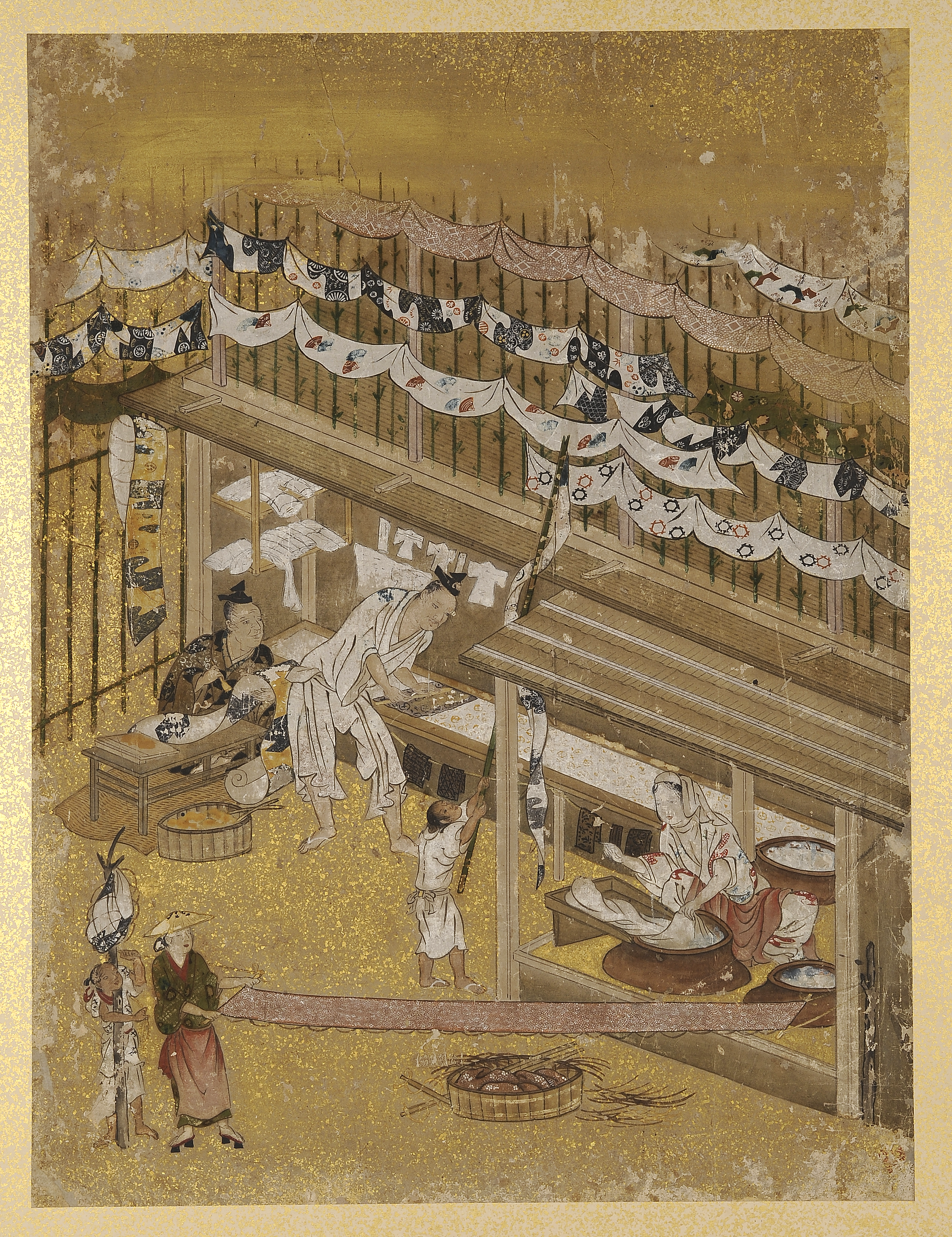 Print showing the several figures working to dye fabric using katagami stencils
