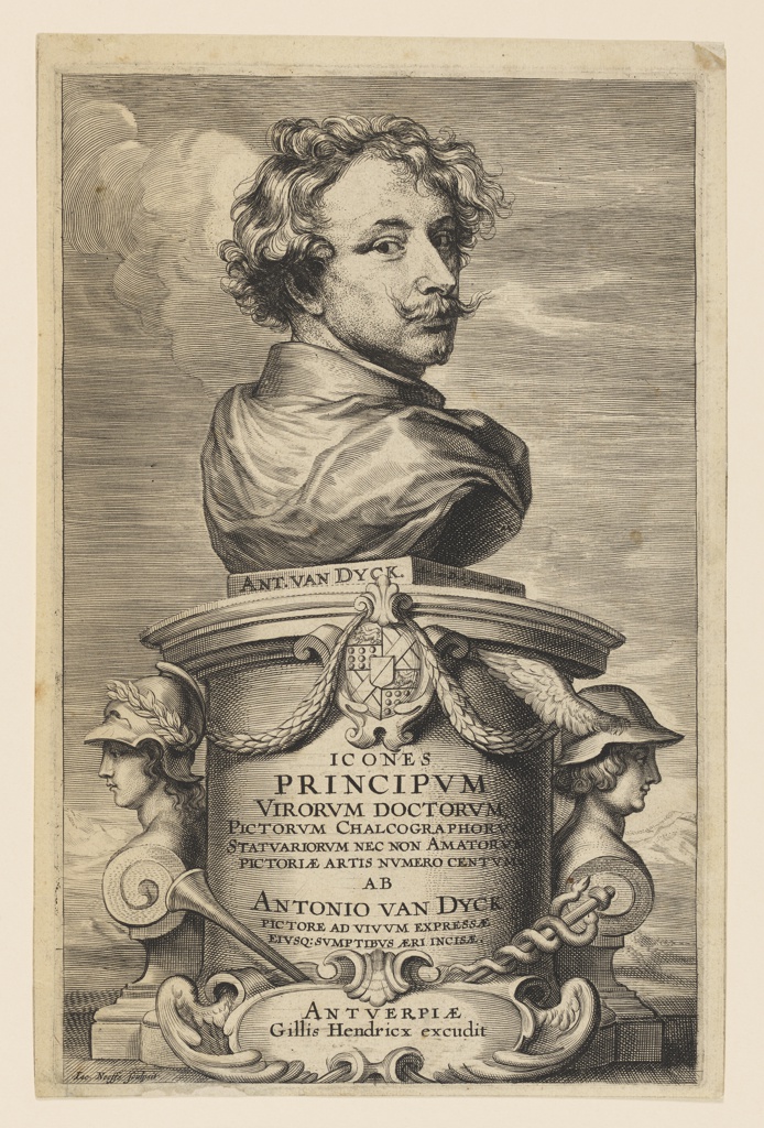 Image features bust-length portrait of Anthony van Dyck, looking out over his shoulder. The bust is presented as a sculpture, resting on a round pedestal inscribed with information about the Iconography.