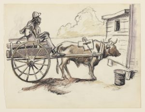 Two figures sit in a two-wheeled cart, drawn by an ox, outside of a wooden building.