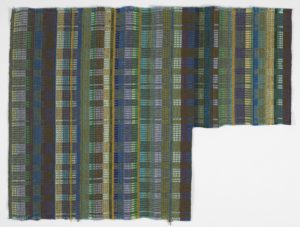 Image features: Length of plaid fabric in greens, blues, brown, and purple with metallic thread. Please scroll down to read the blog post about this object.