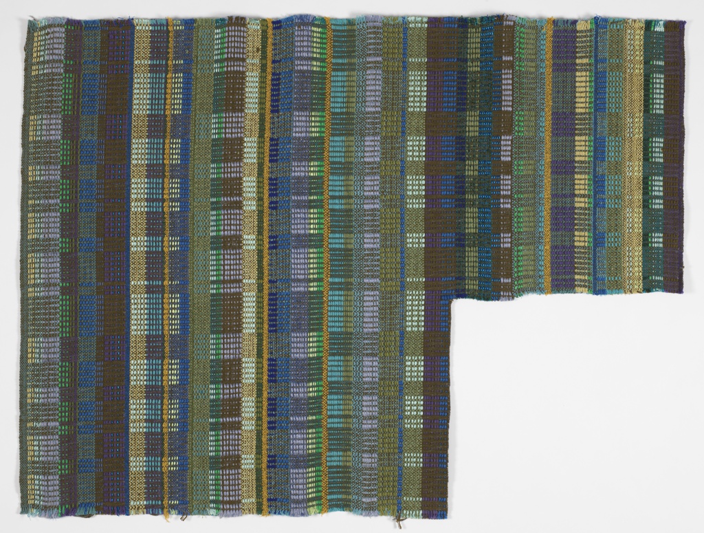 Image features: Length of plaid fabric in greens, blues, brown, and purple with metallic thread. Please scroll down to read the blog post about this object.