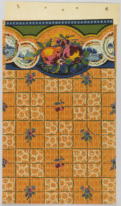 Image features a wallpaper with orange and white checkerboard pattern along with its matching border of dishes and fruit. Please scroll down to read the blog post about this object.