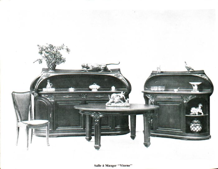 Majorelle Dining room furniture. Sideboards, dining table and chair.