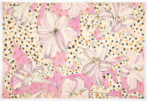 In this whimsical pink drawing, spotted leopards intermingle with pink flowers