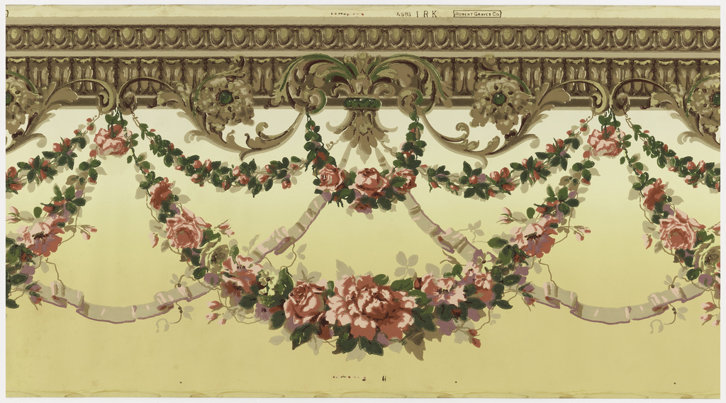 Image features a wallpaper frieze with lots of floral swags and ribbons suspending from an architectural molding. Please scroll down to read the blog post about this object.