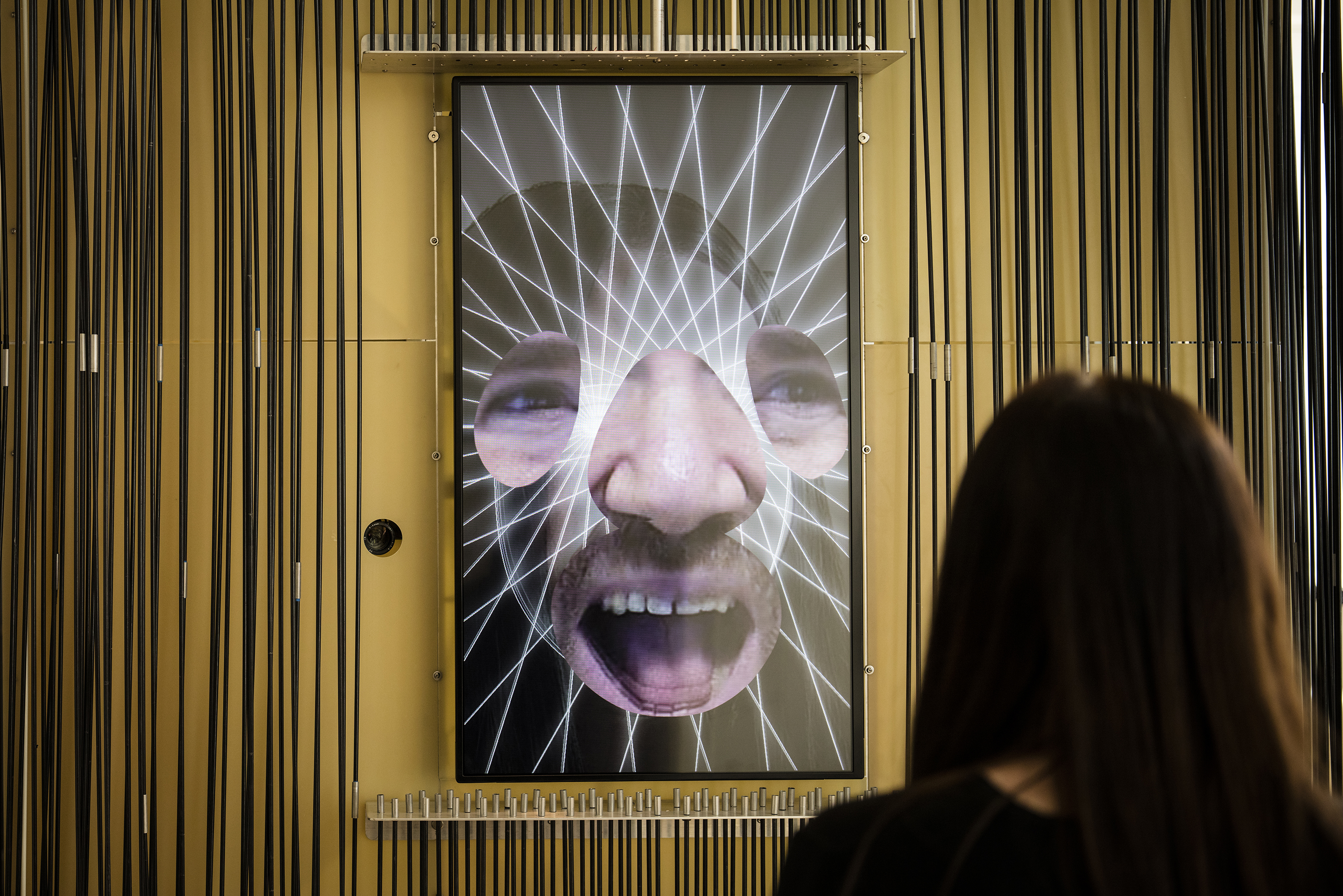 On a digital screen floats blobs containing an eye, nose, and mouth. A seated person with long brown hair is looking at the screen. The screen is surrounded by a gold frame with long black cords / wires around it.