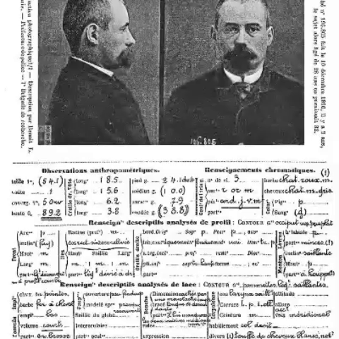 Compilation of black and white imagery. Early mugshots. Phrenology illustration labeling facial features as "criminal." Henry Dreyfuss illustration of standardized human measurements (female). Man putting frightening cage-like device on woman's face to measure her features. Annotated photo of pretty woman's face.
