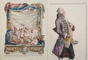 Image features the decorative title page of Volume 1 and colored engraving of man's costume featuring a waistcoat. Please scroll down to read the blog post about this object.