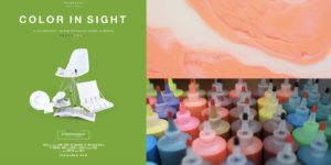 A composite image featuring a flyer for the Color in Sight film produced by Tealeaves about the way designers use color. The right side features a wash of what looks like salmon colored paint. The bottom features multiple bottles of various colors of paint.