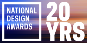 Text reading "National Design Awards 20 YRS" (stylization of "20 Years") against a blurred purple and taupe background