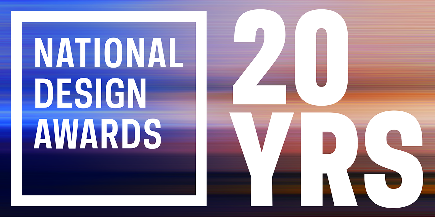 Text reading "National Design Awards 20 YRS" (stylization of "20 Years") against a blurred purple and taupe background 