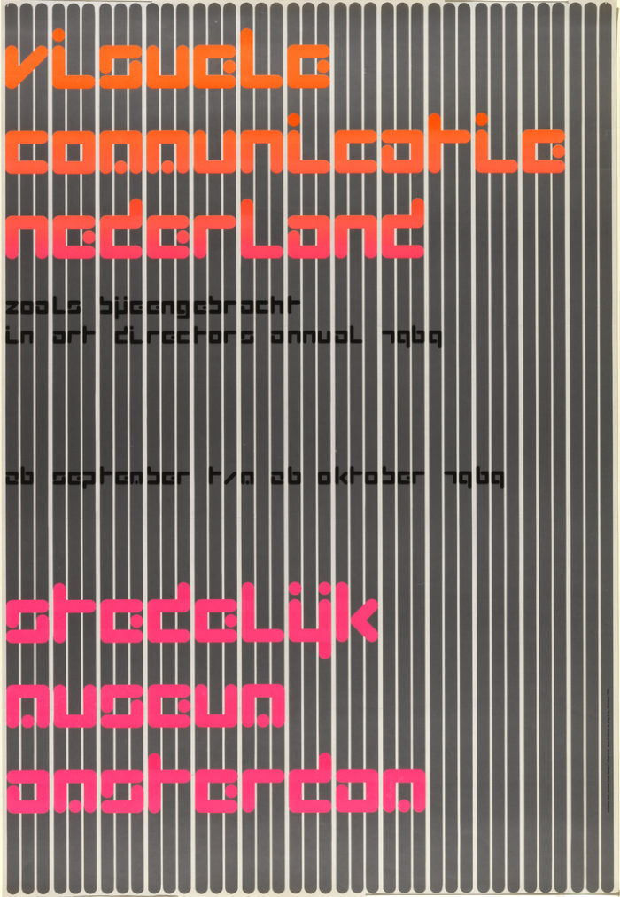 A poster with a background of white and gray stripes. Block like letters are orange and magenta. The text is in another language.