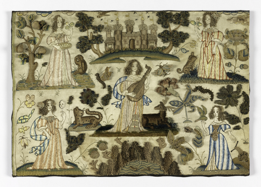 Image features embroidered picture showing five women representing "The Five Senses" with their attributes. Hearing, playing a lute, is in the center, Smell is upper right, Touch is lower right, Taste is upper left, and Sight is lower left. Please scroll down to read the blog post about this object.