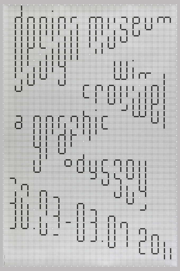 A gray poster with blocks of black text. London Design Museum An Odyssey reads text made from filling