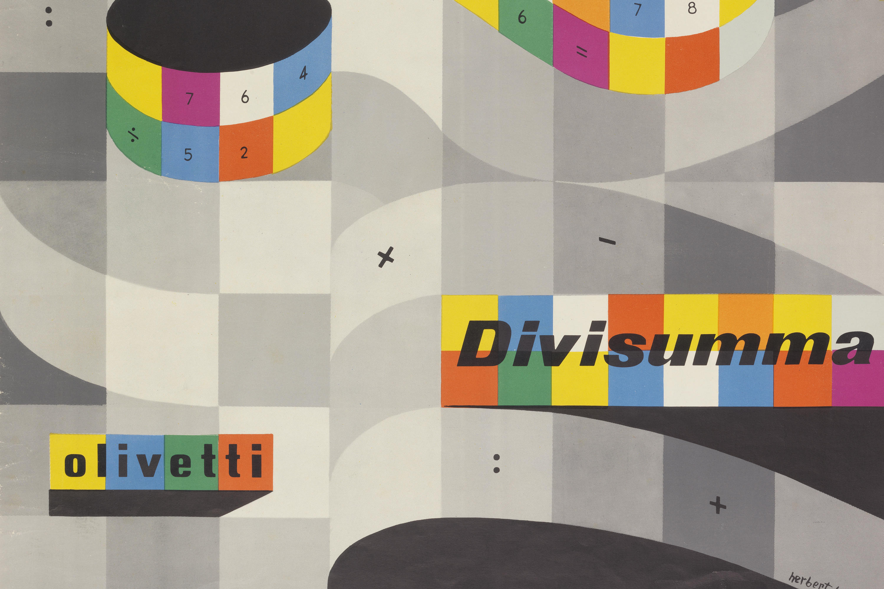 Ribbon-like folds of black and white cubes overlaid with colorful cube ribbons that say "Olivetti" and "Divisumma" and have digits and plus, minus, division, equals sighns