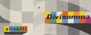 Against a wavy grid of black, white, and gray tiles, two colorful ribbons are overlaid. The ribbons say "Olivetti" and "Divisumma"