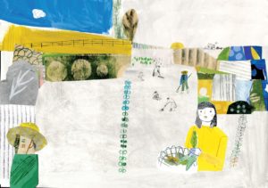 Image shows a multi-media collage depicting a farm scene.,