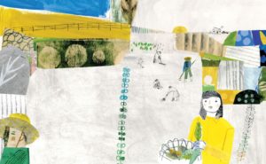 This image is a multi-media collage that depicts a farm scene.