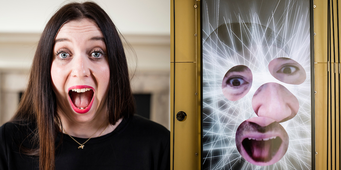 A woman on the left side makes a surprised expression with her mouth agape. An image to her right shows a man with a similar expression, but his face appears distorted and is overlaid by a web or network of white lines, from which his eyes, nose, and mouth are poking out.