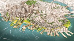 Architectural diagram of the Boston waterfront as seen from high above with pins marking public transit hubs and pink lines representing main roads.