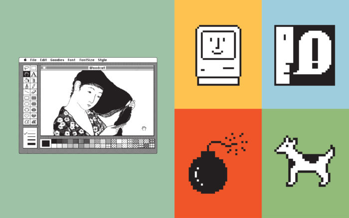 Diptych. Left: In an early computer program for drawing (MacPaint), a user has achieved a drawing with remarkable detail. The drawing is of a woman brushing her long dark hair, rendered in the elegant style of Japanese wood cuts. Right: a quadrant of computer icons. Smiling computer. Man in profile with an exclamation point speech bubble. Bomb with an ignited fuse. White dog with black spots.