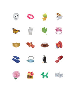 Small cute icons. Skull balloon. Lipstick imprint of kiss. Troll doll with green hair seen from behind. White dog with brown spots. Monarch butterfly. White glove. Four-leaf clover. Happy birthday tiara. Gold watch. Voodoo doll will pins. Brown cup on brown saucer. Turkey. Navy blue sandals. Light blue teapot. Penguin. Salami with one slice sliced off. Pink rose. Box of chocolates. Green balloon dog. Diamond studs.