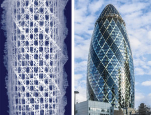 Composite image of two side-by-side photographs. On the left, a white, lattice-like microstructure against a dark blue background. On the right, a bullet-shaped building with lattice-like metal and glasswork.
