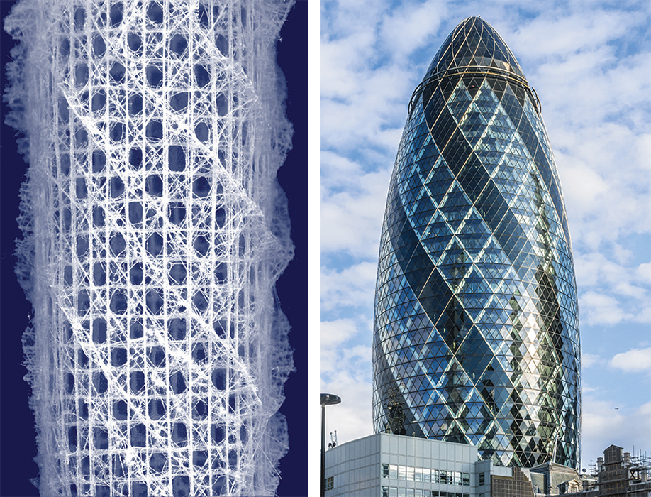 Composite image of two side-by-side photographs. On the left, a white, lattice-like microstructure against a dark blue background. On the right, a bullet-shaped building with lattice-like metal and glasswork.