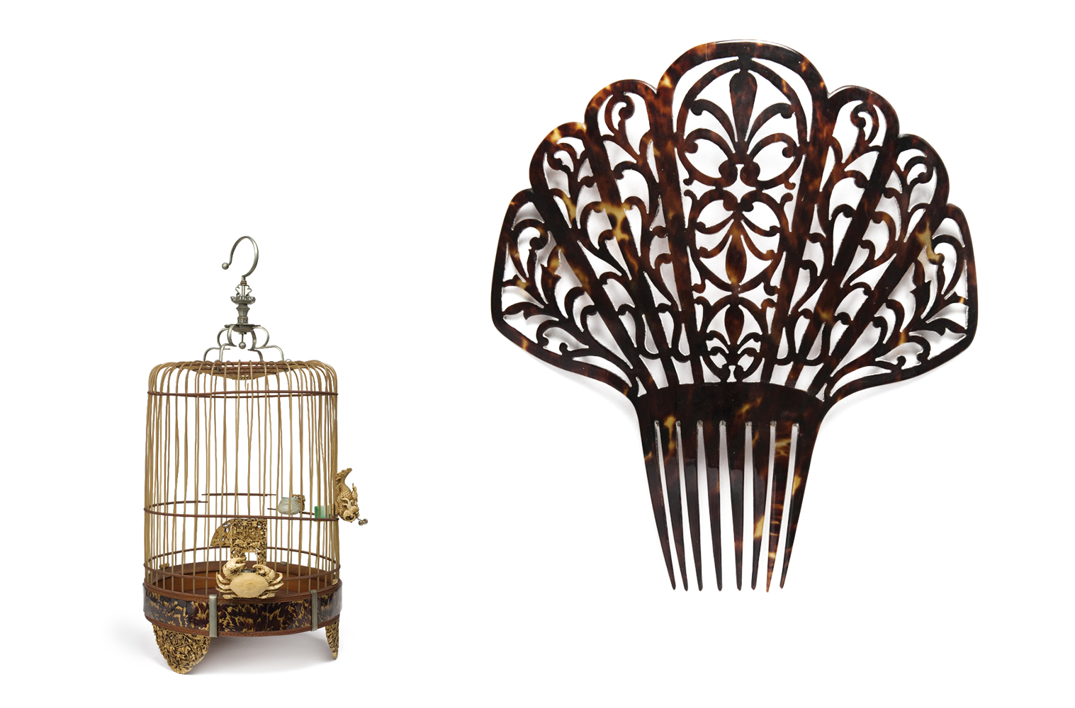 Composite photograph of a birdcage and a ornate tortoiseshell comb.