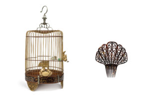 Composite photograph of a birdcage and a ornate tortoiseshell comb.