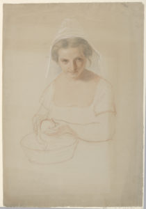 Image features a portrait of a woman peeling an apple, seen frontally, with a veil covering her hair. Please scroll down to read the blog post about this object.