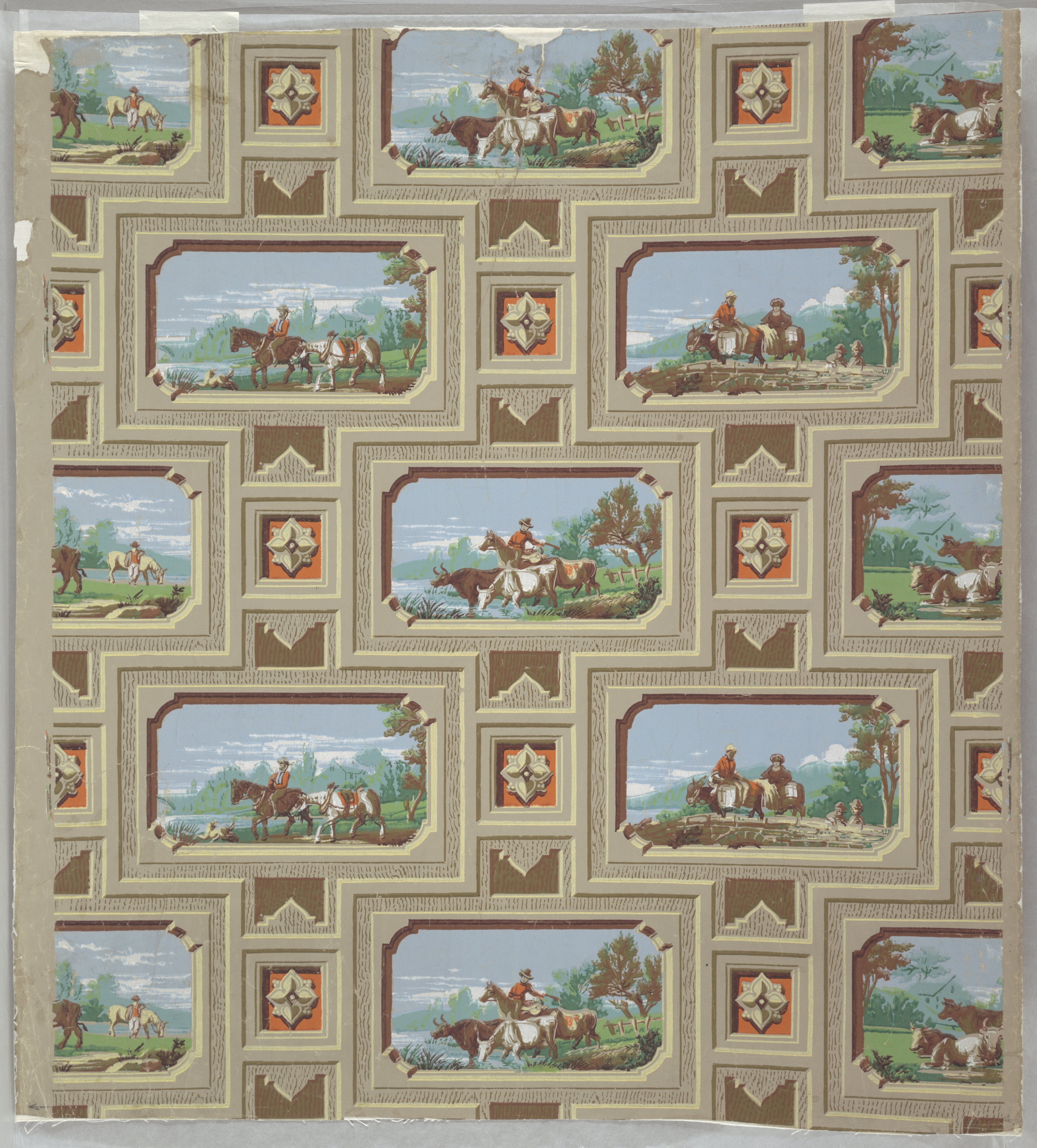 Image shows a wallpaper with postcard views of equestrian scenes. Please scroll down for further information on this object.