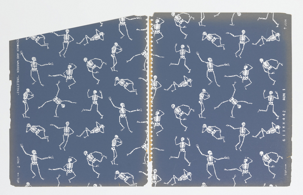 Image features a blue wallpaper with design of white skeletons each assuming a different pose. Please scroll down to read the blog post about this object.
