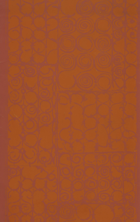 Image features a wallpaper design of scrolling cast iron work, printed in orange on a red ground. Please scroll down to read the blog post about this object.