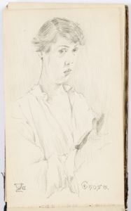Image features a drawing, a self-portrait of the artist, collar open, holding a book in his right hand. Please scroll down to read the blog post about this object.