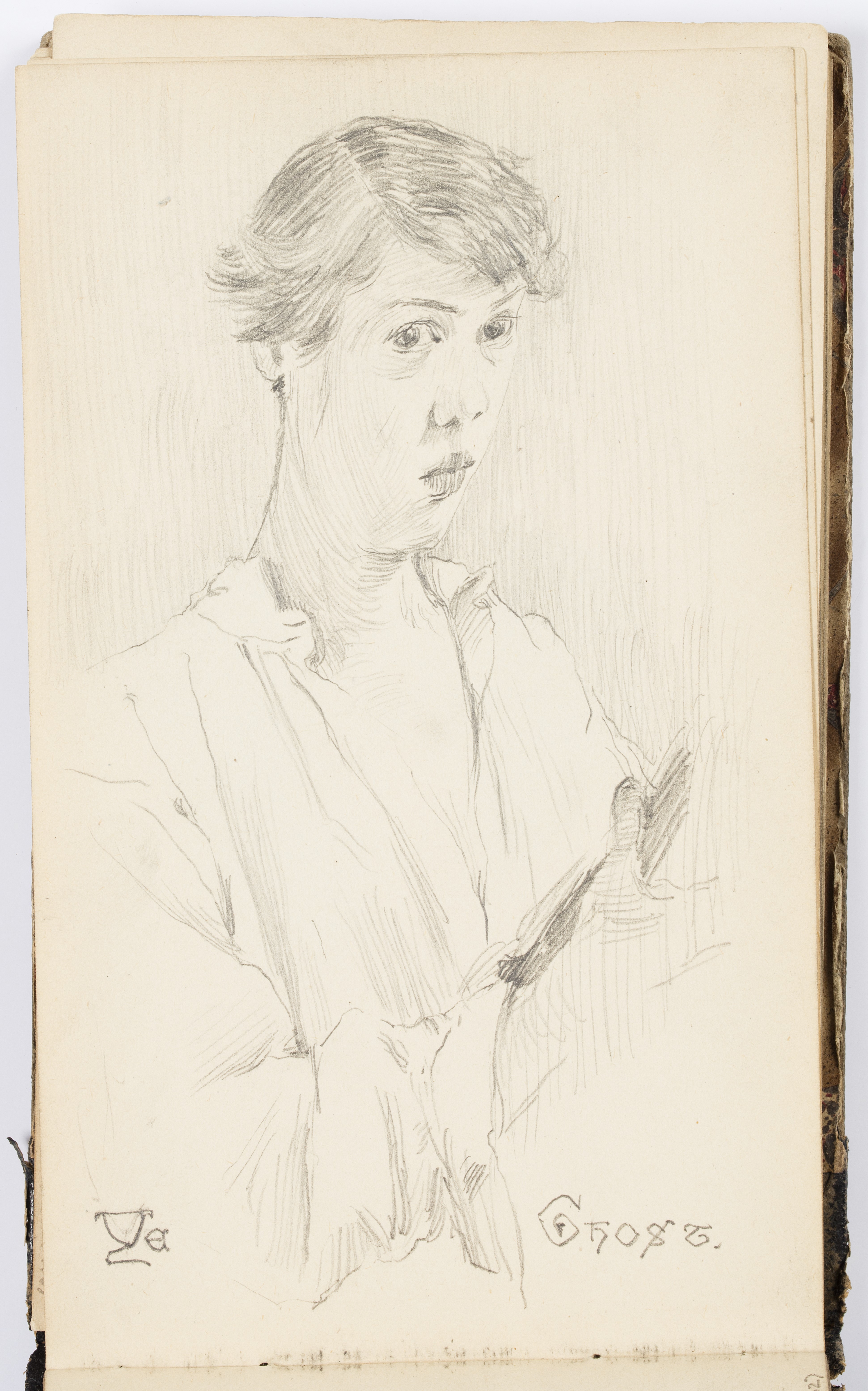 Image features a drawing, a self-portrait of the artist, collar open, holding a book in his right hand. Please scroll down to read the blog post about this object.