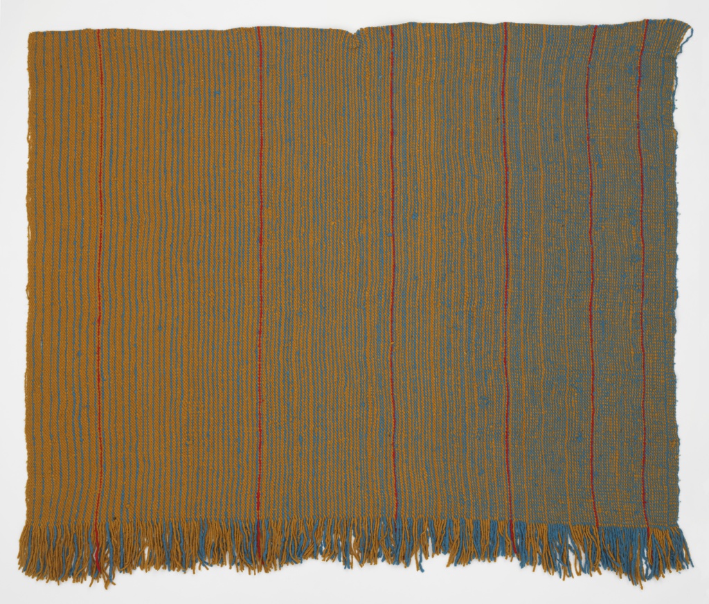 Image features: Handwoven fringed rug or length with vertical stripes in dark yellow, blue and red. Please scroll down to read the blog post about this object.