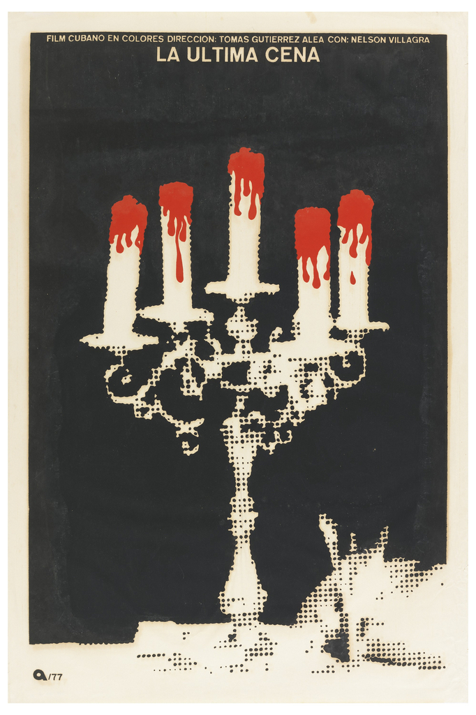 Image features a white candelabrum set against a dark background. The candles, although white, drip red, recalling blood. The title of the film advertised appears across the top of the poster. Please scroll down to read the blog post about this object.