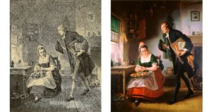At left, an illustration of Ichabod Crane looking over Katrina Van Tassel's shoulder as she sits peeling apples. At right, a painting with the same subject.