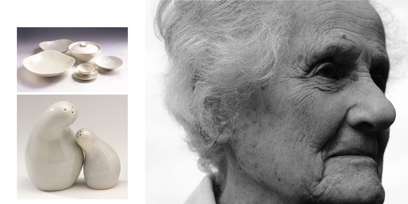 A black and white portrait of the legendary ceramicist and designer, Eva Zeisel in her later years. To the left of her portrait are her iconic salt shakers, Shmoo, and an elegant set of dishware.