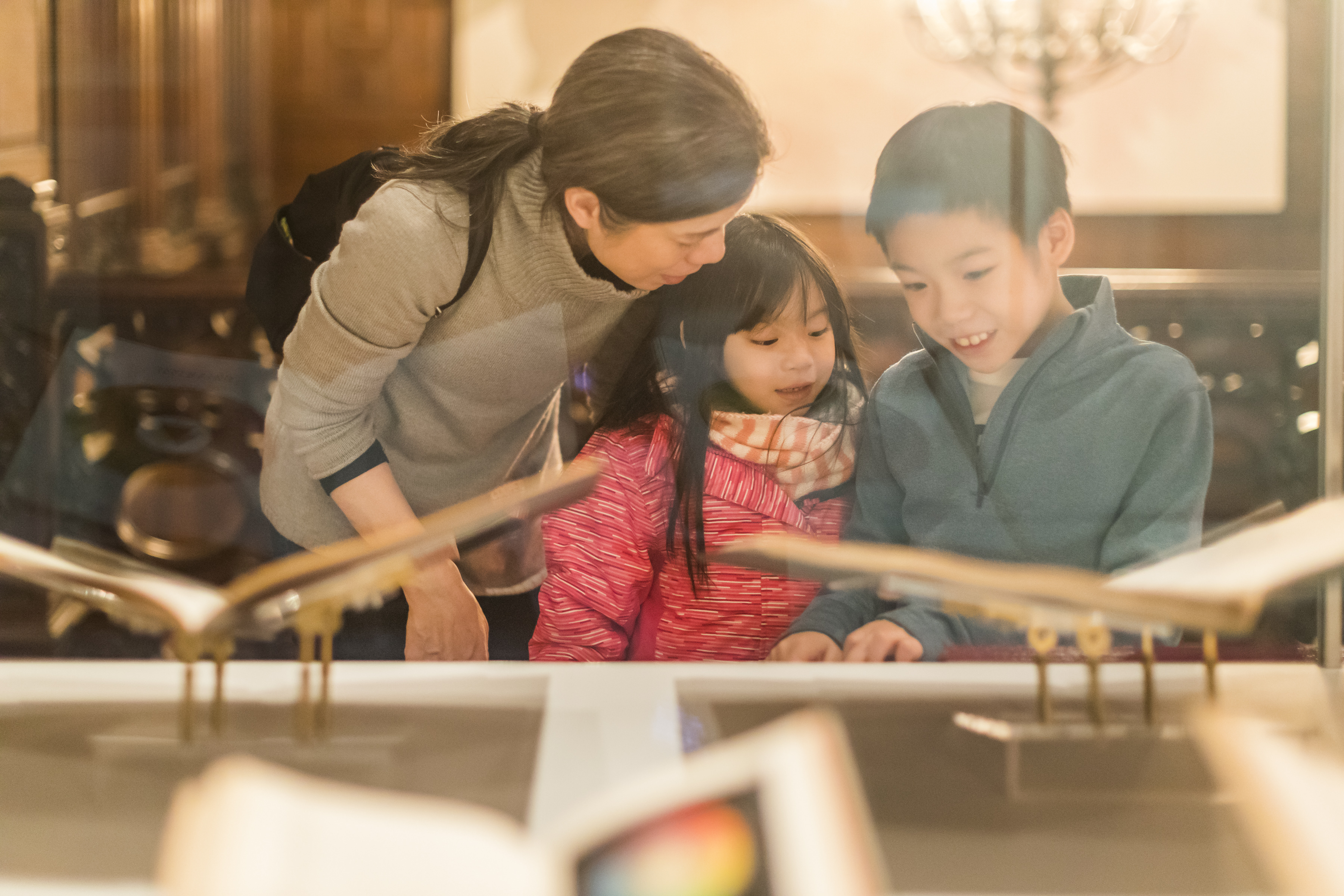 Morning at the Museum. A mother and her two children stand looking into a glass case with colorful books open on display.