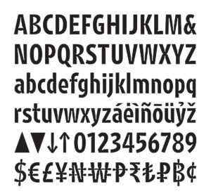This diagram shows all the characters in the typeface Retina. Retina is a sans serif font with some irregular vacuums and protrusions. It kind of looks like a bookworm has been nibbling around the edges and interior spaces of characters like "A" and "&".