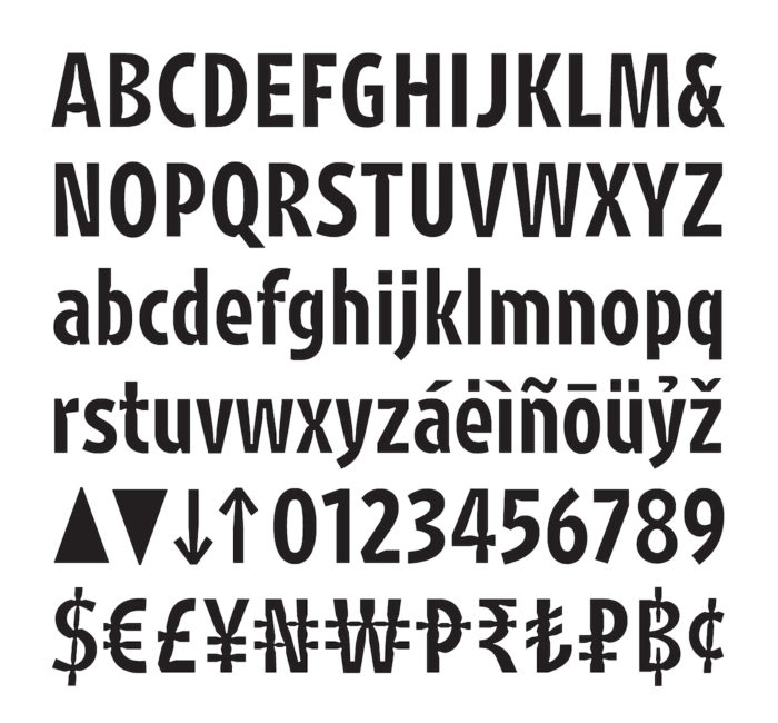 This diagram shows all the characters in the typeface Retina. Retina is a sans serif font with some irregular vacuums and protrusions. It kind of looks like a bookworm has been nibbling around the edges and interior spaces of characters like 