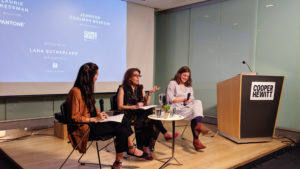 Image of three women on stage at cooper hewitt, from the left, Ezgi Emiroglu, Laurie Pressman, Jennifer Cohlman Bracchi