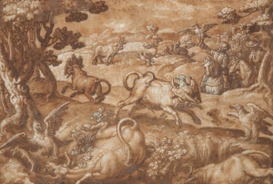 Image features a landscape populated by men using birds to hunt wild bulls. The birds alight on the heads of their prey.