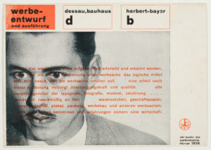 In profile with a startled expression, portrait of a man with dark hair, dark eyes, and slender dark moustache. German text is superimposed on the image. The name Herbert Bayer can be read.
